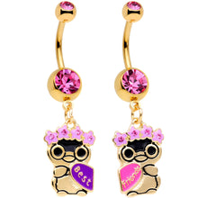 将图片加载到图库查看器,Pink Gem Gold Tone Anodized BFF Penguins Dangle Belly Ring Set