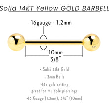 Load image into Gallery viewer, Solid 14k Yellow Gold Barbell Straight Barbell Ring 16G 3/8 3mm