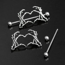 将图片加载到图库查看器,1 1/2 Skeleton Hand Heart Nipple Barbell Shield Set