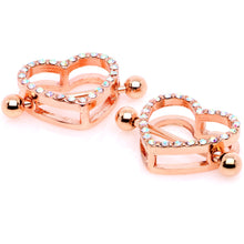 Load image into Gallery viewer, 14G 5/8 Aurora Gem Rose Gold Tone Valentine Heart Nipple Ring Set