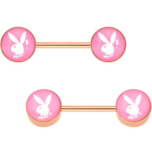 Load image into Gallery viewer, Licensed Pink White Playboy Bunny Gold Tone Barbell Nipple Ring Set