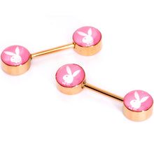 Load image into Gallery viewer, Licensed Pink White Playboy Bunny Gold Tone Barbell Nipple Ring Set