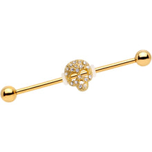 Load image into Gallery viewer, Clear Gem Skull Charm Gold Anodized Straight Industrial Barbell 38mm
