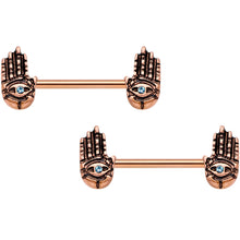 Load image into Gallery viewer, 9/16 Aqua Gem Rose Gold Tone Hamsa Hand Barbell Nipple Ring Set