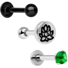 Load image into Gallery viewer, 16G 1/4 Green Gem Lotus Flower Cartilage Tragus Earring Set of 3