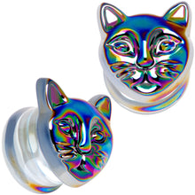 Load image into Gallery viewer, Aurora Black Glass Kitty Cat Double Flare Plug Set 6mm to 25 mm