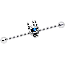 Load image into Gallery viewer, 14G Blue Synthetic Opal Hamsa Sacred Hand Industrial Barbell 38mm