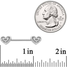 Load image into Gallery viewer, 14G 5/8 Clear Gem Wrapped Hearts Barbell Nipple Ring Set