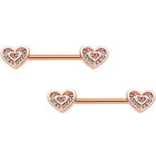 Load image into Gallery viewer, 5/8 Clear Gem Rose Gold Tone Wrapped Hearts Barbell Nipple Ring Set