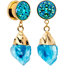 Load image into Gallery viewer, Blue Faux Druzy Quartz Gold Tone Dangle Screw Fit Plug Set 8mm to 16mm