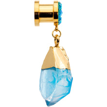 Load image into Gallery viewer, Blue Faux Druzy Quartz Gold Tone Dangle Screw Fit Plug Set 8mm to 16mm