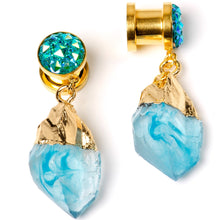 Load image into Gallery viewer, Blue Faux Druzy Quartz Gold Tone Dangle Screw Fit Plug Set 8mm to 16mm
