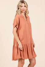 Load image into Gallery viewer, Linen Blend Button Down Shirt Mini Dress For Women – Casual, Classic Button-Down Design with Raw Hem and Tiered Detail