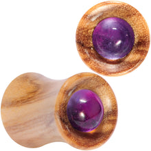 Load image into Gallery viewer, Purple CZ Gem Olive Wood Natural Beauty Saddle Plug Set 5mm to 25mm