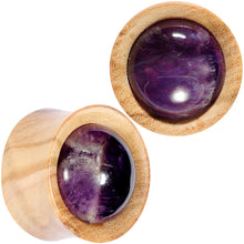Load image into Gallery viewer, Purple CZ Gem Olive Wood Natural Beauty Saddle Plug Set 5mm to 25mm
