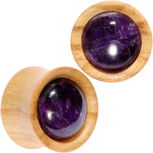 Load image into Gallery viewer, Purple CZ Gem Olive Wood Natural Beauty Saddle Plug Set 5mm to 25mm