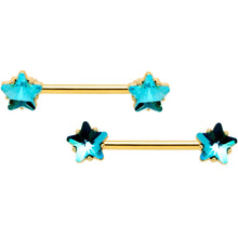 将图片加载到图库查看器,14G Blue Gem Star Gold Tone Captive Barbell Nipple Ring Set