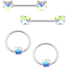 Load image into Gallery viewer, 14G Aurora Gem Butterfly Captive Barbell Nipple Ring Set