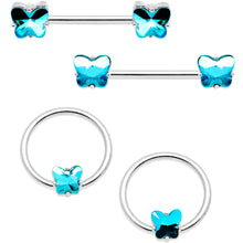 将图片加载到图库查看器,14G Blue Gem Butterfly Captive Barbell Nipple Ring Set