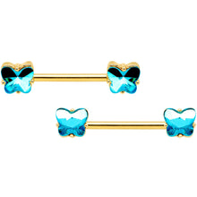 Load image into Gallery viewer, 14G Aqua Gem Butterfly Gold Tone BCR Barbell Nipple Ring Set of 4