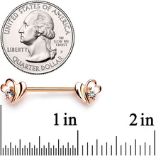 Load image into Gallery viewer, 9/16 Clear Gem Rose Gold Tone Love Wave Barbell Nipple Ring Set