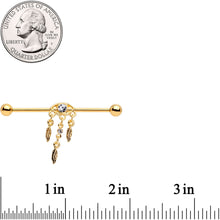 Load image into Gallery viewer, Clear Gem Gold Tone Eye Feather Dangle Industrial Barbell 38mm