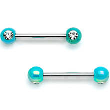 Load image into Gallery viewer, 9/16 Clear Gem Teal Pearlescent Acrylic Barbell Nipple Ring Set