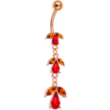 Load image into Gallery viewer, Red CZ Gem Rose Gold Tone Triple Teardrop Dangle Belly Ring