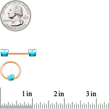 Load image into Gallery viewer, 14G Blue Gem Butterfly Rose Gold Hue BCR Barbell Nipple Ring Set