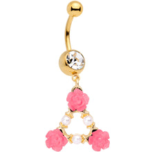 Load image into Gallery viewer, Gold Tone Pink Triple Flower Triangle Dangle Belly Ring
