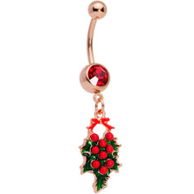 Load image into Gallery viewer, Red Gem Rose Gold Tone Holiday Holly Wreath Dangle Belly Ring