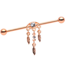 Load image into Gallery viewer, Clear Gem Rose Gold Tone Eye Feather Dangle Industrial Barbell 38mm