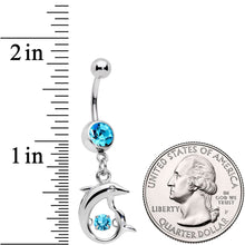 Load image into Gallery viewer, Aqua CZ Gem Abstract Dancing Dolphin Dangle Belly Ring