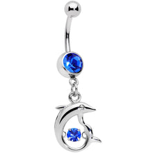 Load image into Gallery viewer, Blue CZ Gem Abstract Dancing Dolphin Dangle Belly Ring
