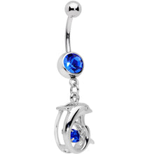 Load image into Gallery viewer, Blue CZ Gem Abstract Dancing Dolphin Dangle Belly Ring