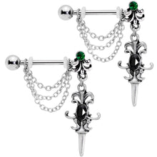 Load image into Gallery viewer, 14G 9/16Black Green Gem Chain Sword Barbell Nipple Ring Set