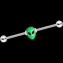 Load image into Gallery viewer, 14G Green Glow in the Dark Space Alien Industrial Barbell 38mm