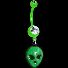 Load image into Gallery viewer, Clear Gem Green Glow in the Dark Grumpy Alien Dangle Belly Ring