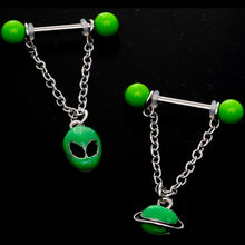 将图片加载到图库查看器,14G 9/16 Glow Alien Saturn Dangle Barbell Nipple Ring Set