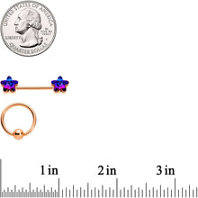 Load image into Gallery viewer, 14G Dk Blue Gem Star Rose Gold Hue BCR Barbell Nipple Ring Set