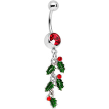 Load image into Gallery viewer, Red Gem Happy Holiday Cascade Of Holly Dangle Belly Ring