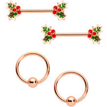 Load image into Gallery viewer, 14G Red Gem Rose Gold Tone Holly Captive Barbell Nipple Ring Set