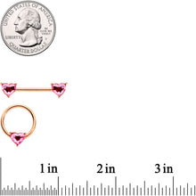Load image into Gallery viewer, 14G Pink Gem Rose Gold Tone Heart BCR Barbell Nipple Ring Set