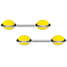 Load image into Gallery viewer, 14G 9/16 Yellow Glow in the Dark Saturn Barbell Nipple Ring Set