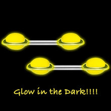 Load image into Gallery viewer, 14G 9/16 Yellow Glow in the Dark Saturn Barbell Nipple Ring Set