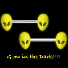 Load image into Gallery viewer, 14G 9/16 Yellow Glow in the Dark Aliens Barbell Nipple Ring Set