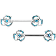 将图片加载到图库查看器,14G 9/16 Blue Gem Rose Flower Barbell Nipple Ring Set