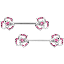 Load image into Gallery viewer, 14G 9/16 Pink Gem Rose Flower Barbell Nipple Ring Set