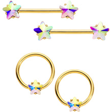 Load image into Gallery viewer, 14G Aurora Star Gem Gold Tone BCR Barbell Nipple Ring Set