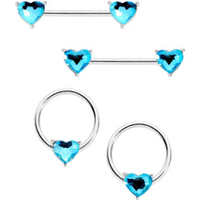 Load image into Gallery viewer, 9/16 1/2 Aqua Heart Gem BCR Barbell Nipple Ring Set